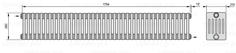 Схема (чертеж) Радиатор Zehnder Charleston 6026/39 №1670 Белый глянцевый RAL 9016